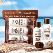 Дорожный набор косметики 3 в 1 с кокосом (Шампунь, Маска для волос, Гель для душа), 50+50+50 мл.