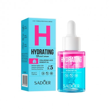 Двухкомпонентная сыворотка  для лица Sadoer HYALURONIC ACID, ROSEHIP OIL,30ml